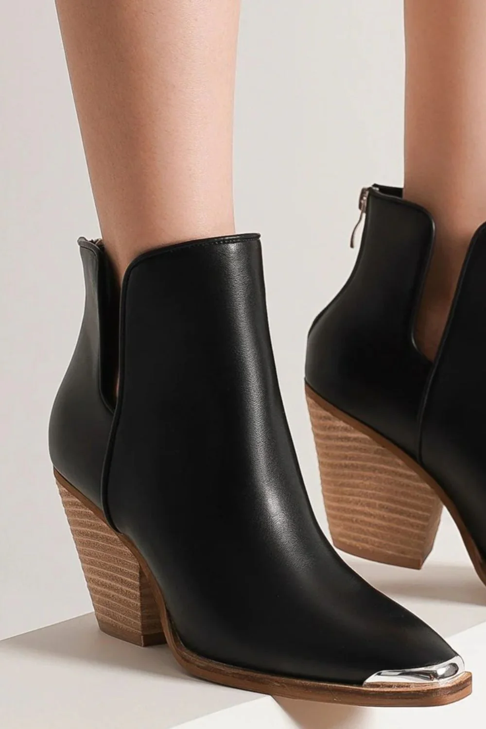 Beast Fashion Pointed Metal-Tip Toe Block Heel Ankle Boots - Image 3