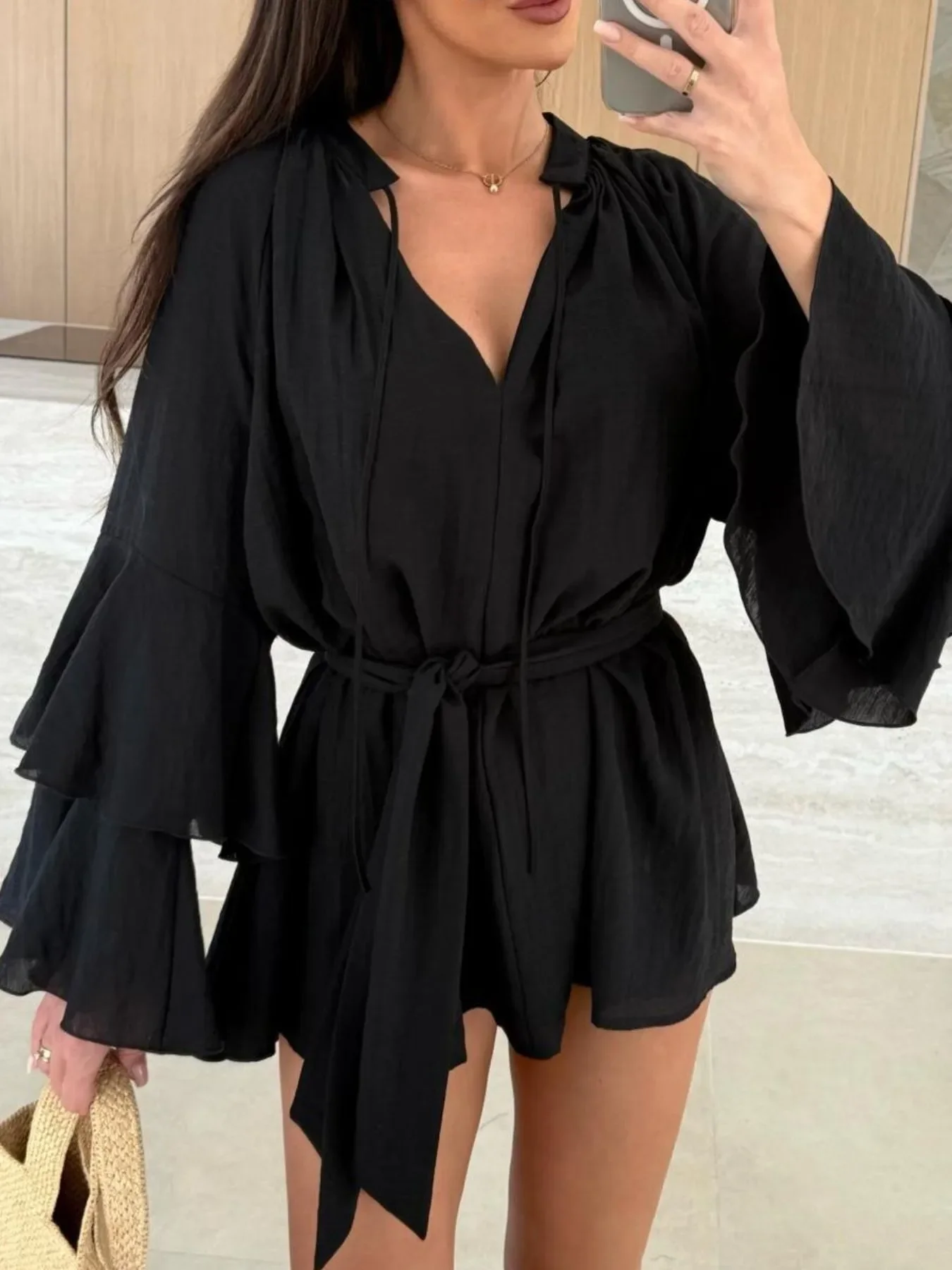 Bell Sleeve Tie Waist Mini Shirt Dress - Image 10