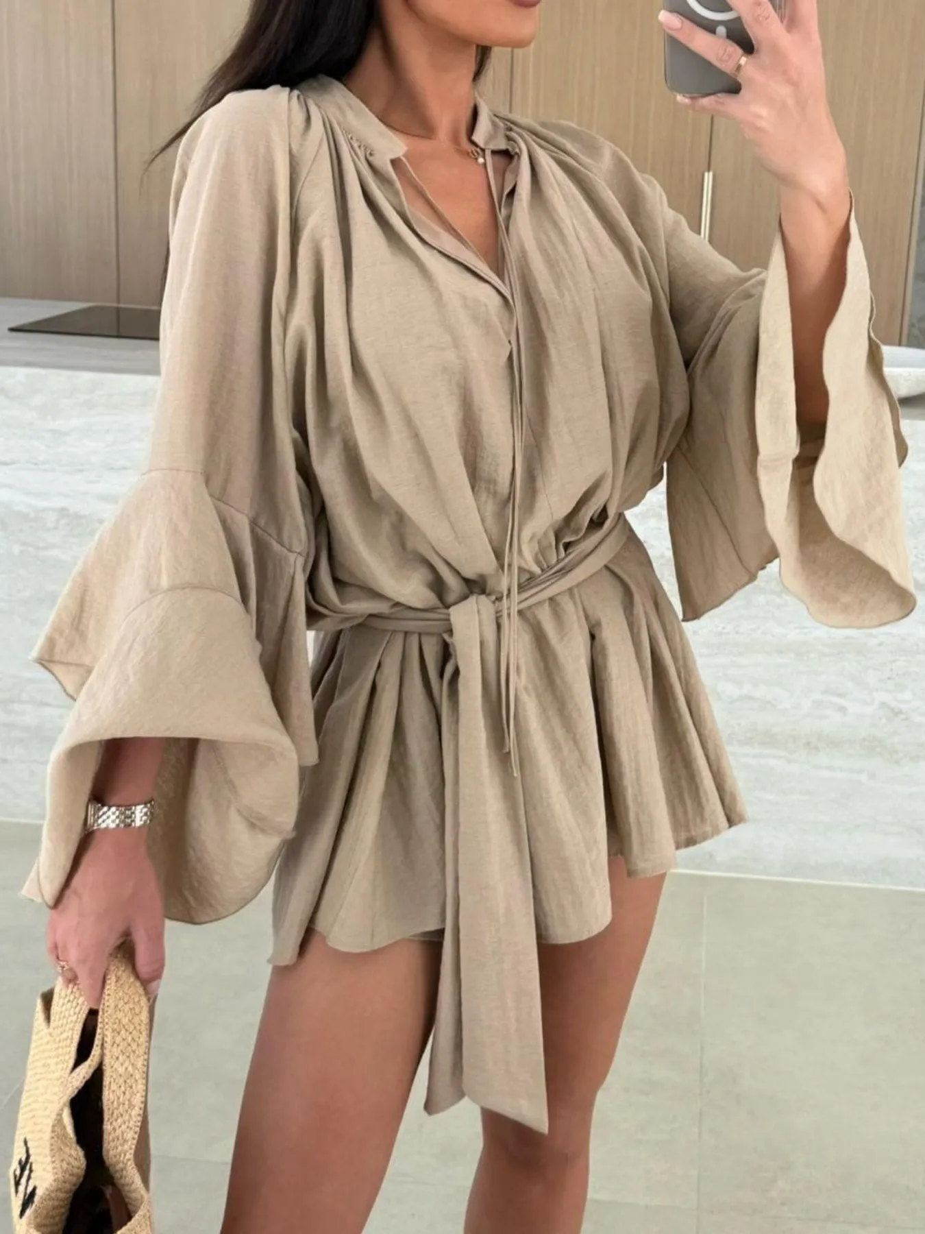 Bell Sleeve Tie Waist Mini Shirt Dress - Image 12