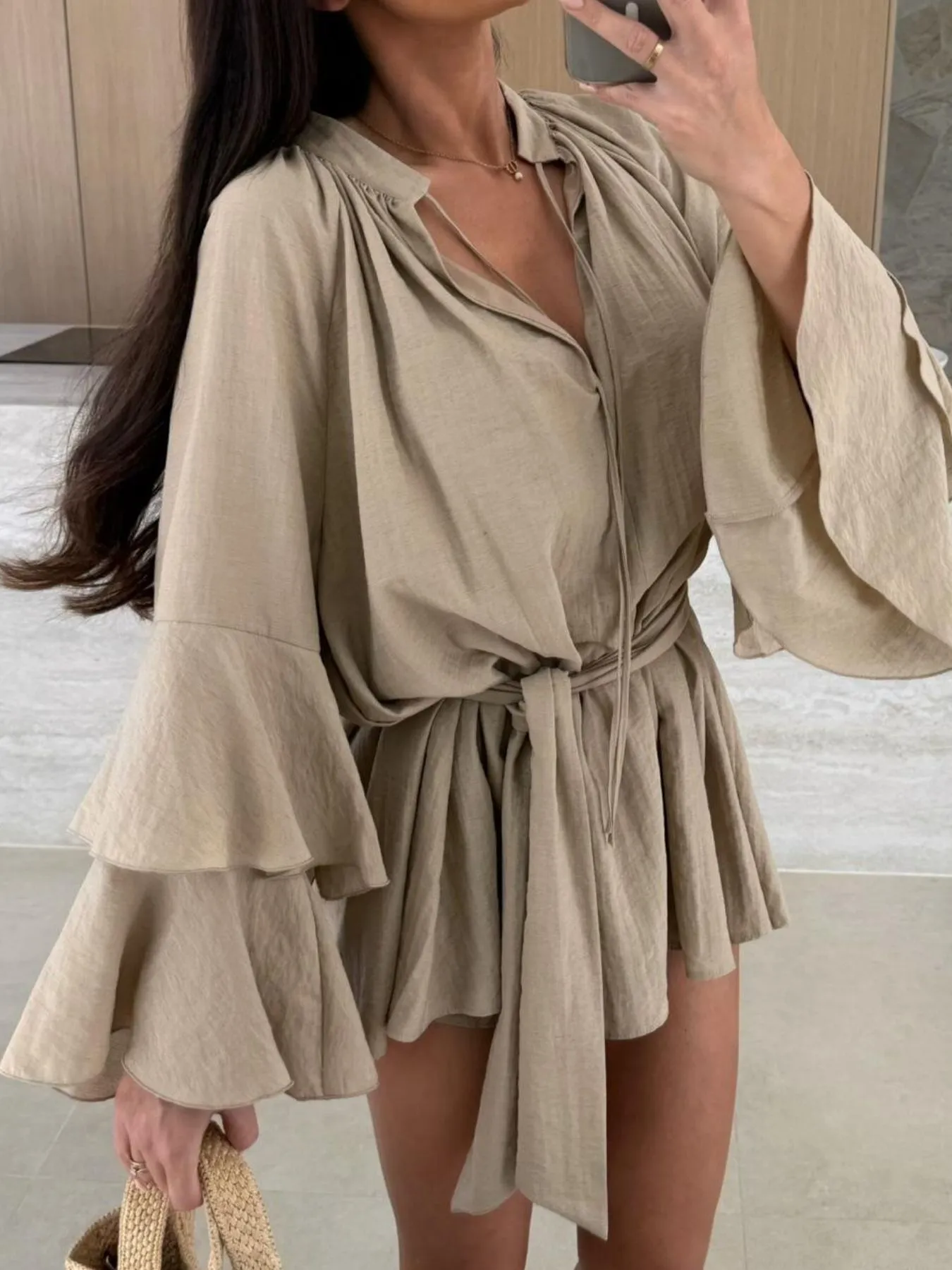 Bell Sleeve Tie Waist Mini Shirt Dress - Image 13
