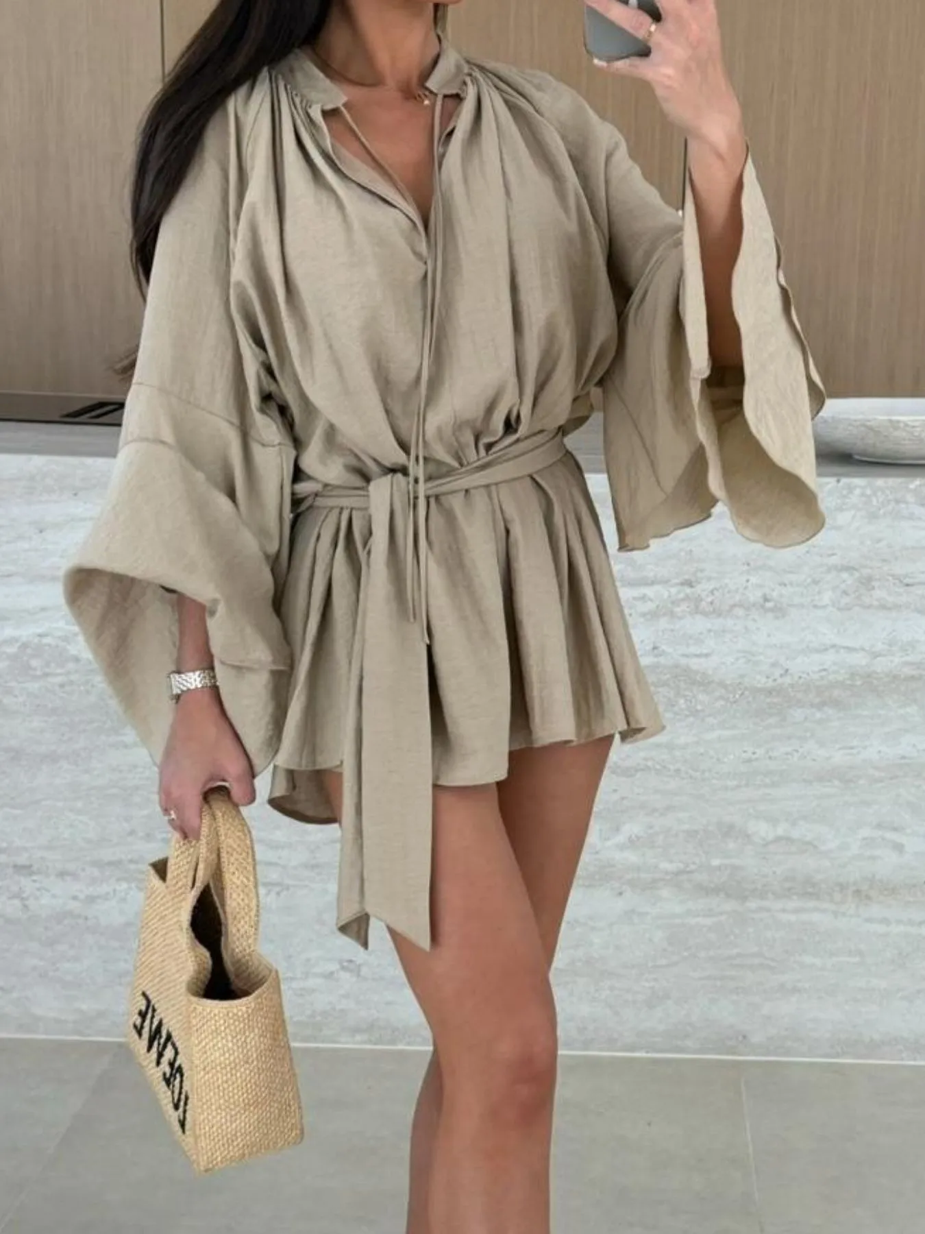 Bell Sleeve Tie Waist Mini Shirt Dress - Image 14