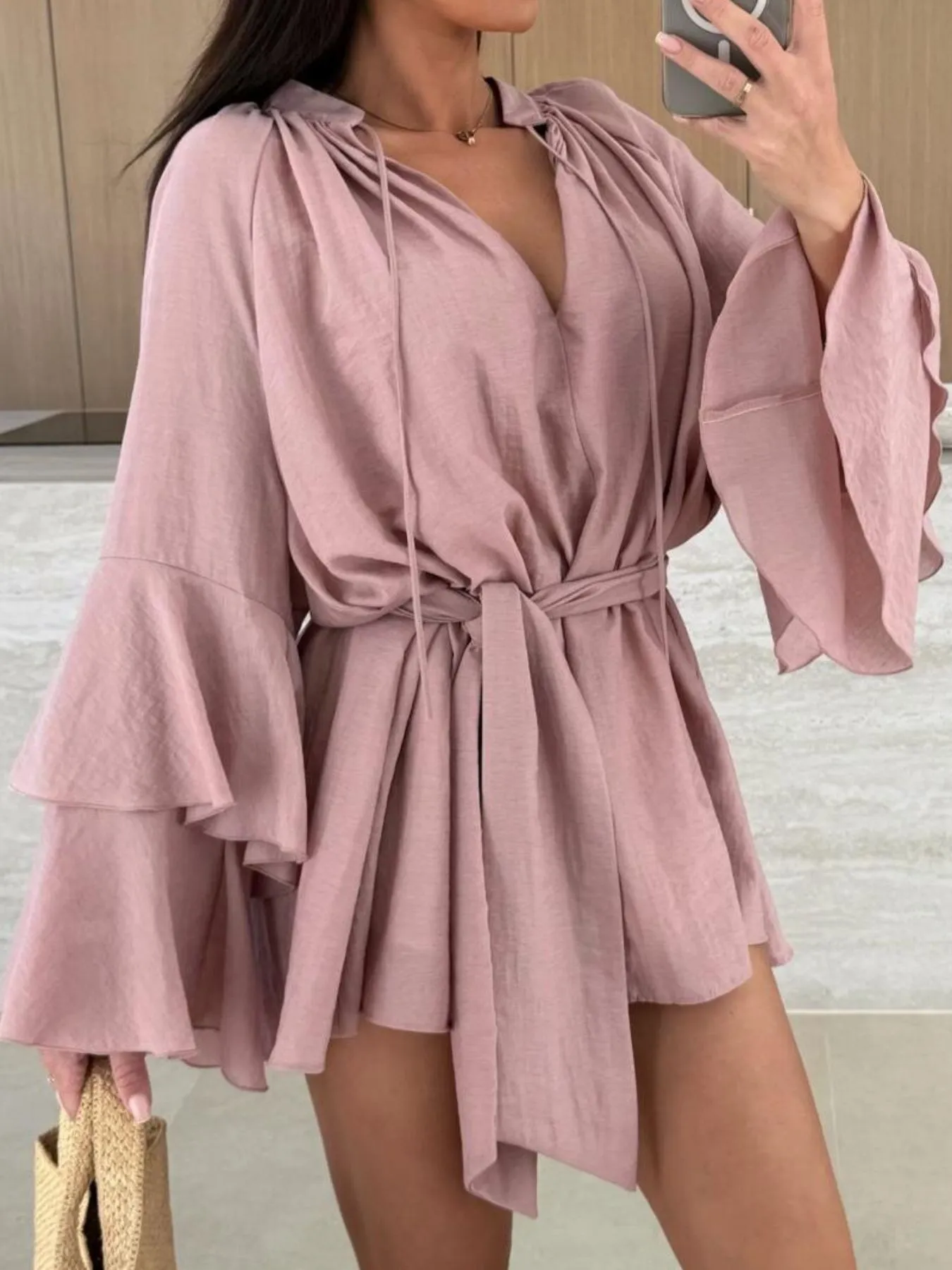 Bell Sleeve Tie Waist Mini Shirt Dress - Image 16