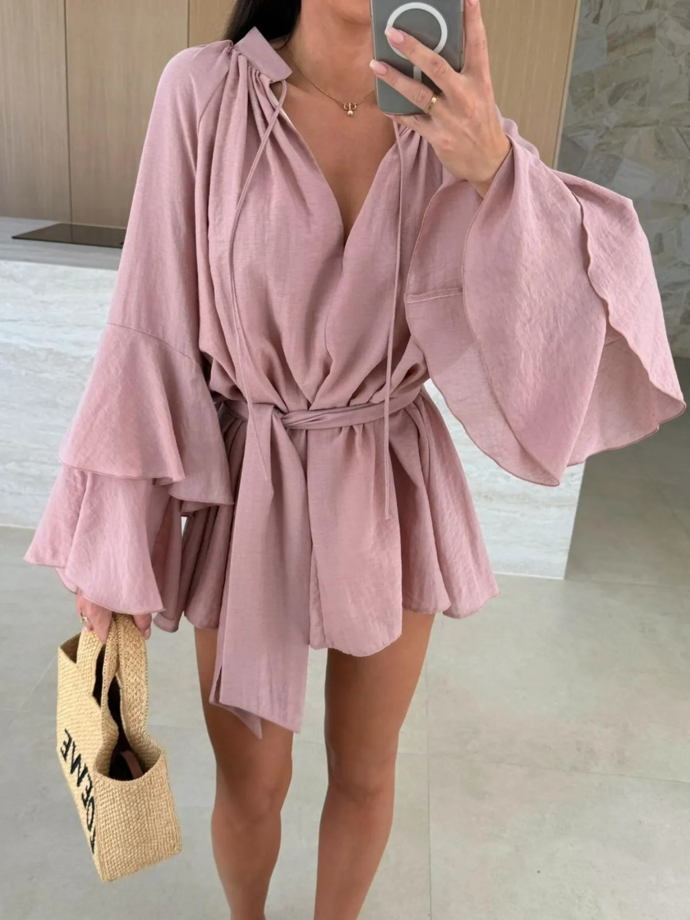 Bell Sleeve Tie Waist Mini Shirt Dress - Image 18