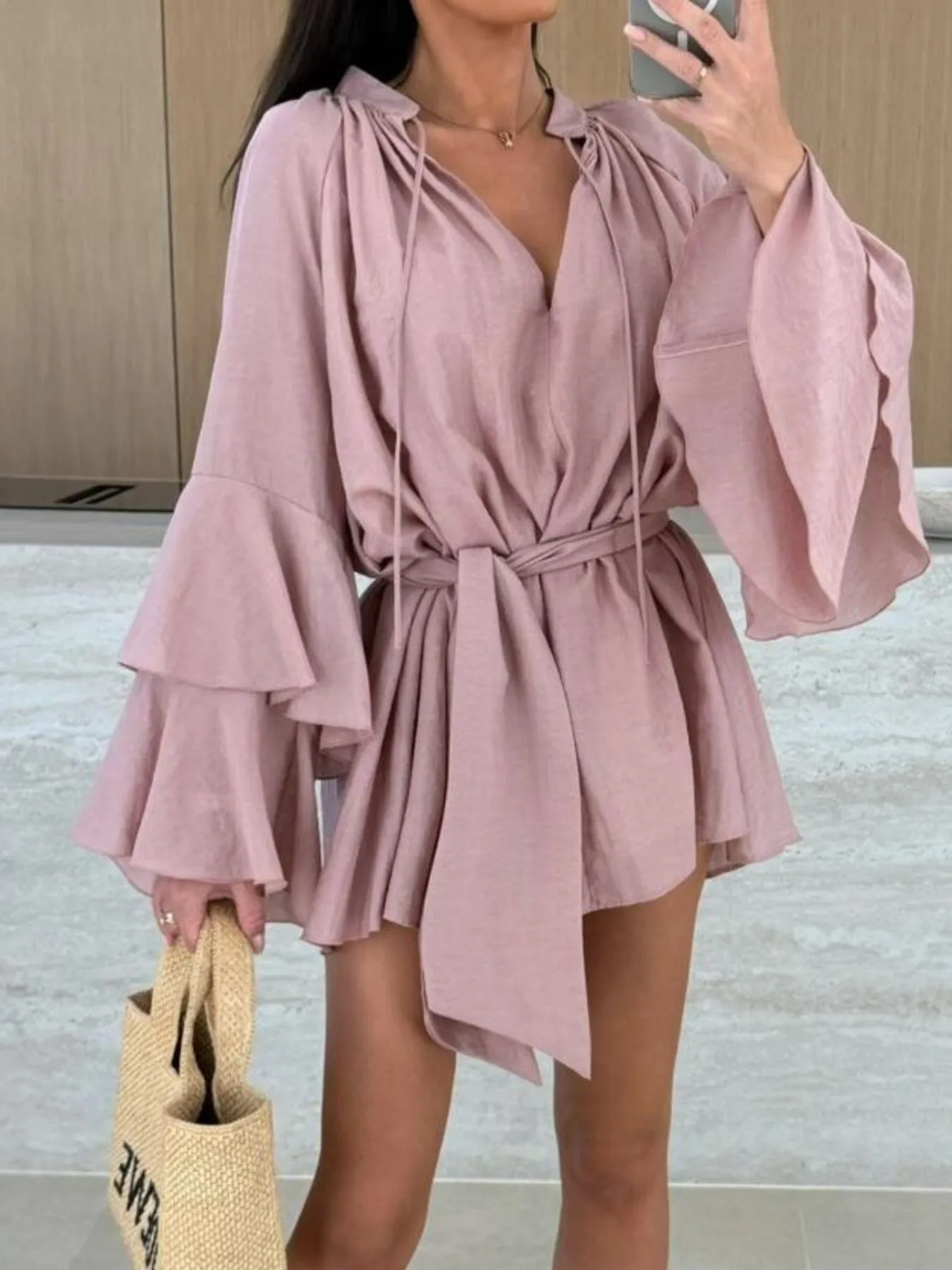 Bell Sleeve Tie Waist Mini Shirt Dress - Image 20