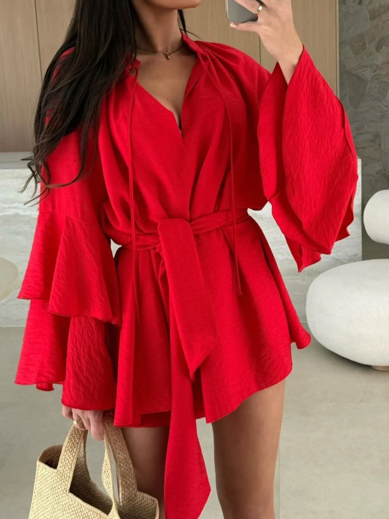 Bell Sleeve Tie Waist Mini Shirt Dress - Image 21