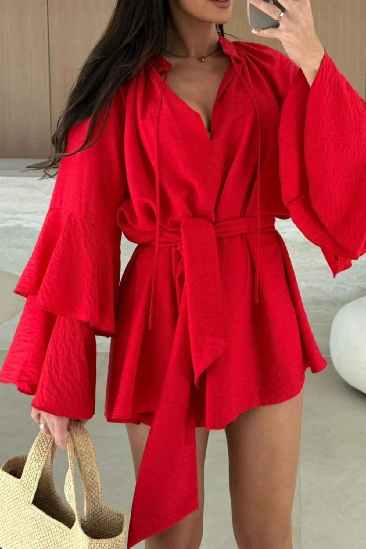 Bell Sleeve Tie Waist Mini Shirt Dress - Image 22