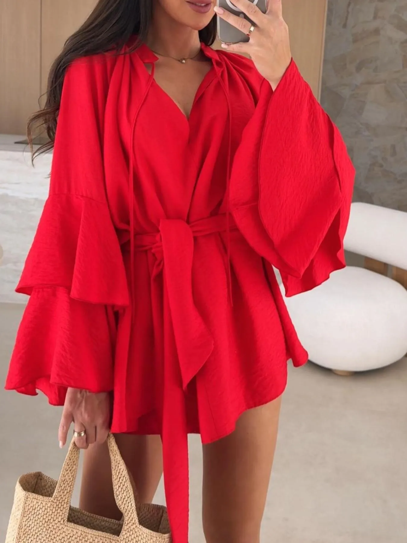 Bell Sleeve Tie Waist Mini Shirt Dress - Image 23