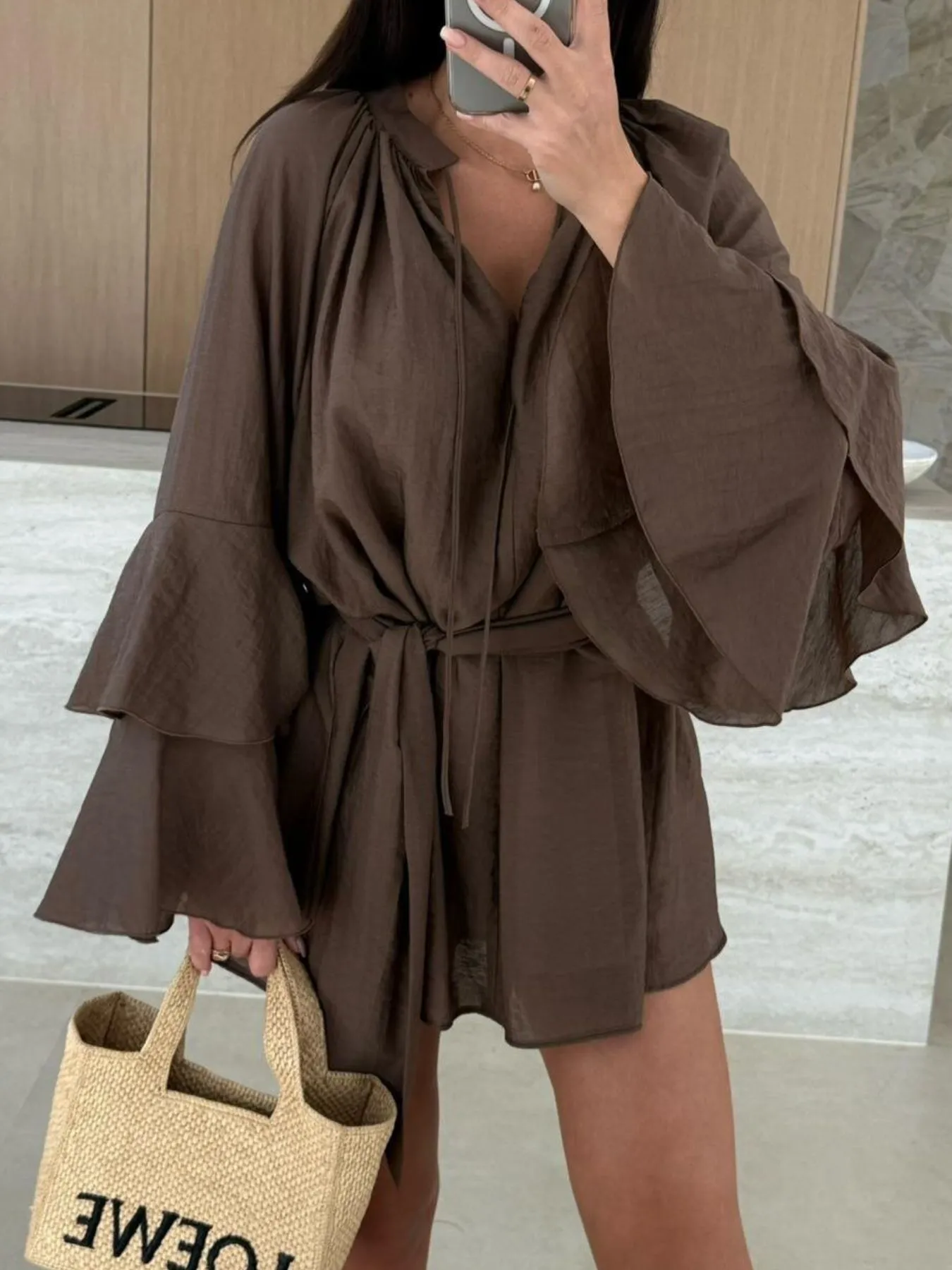 Bell Sleeve Tie Waist Mini Shirt Dress - Image 4