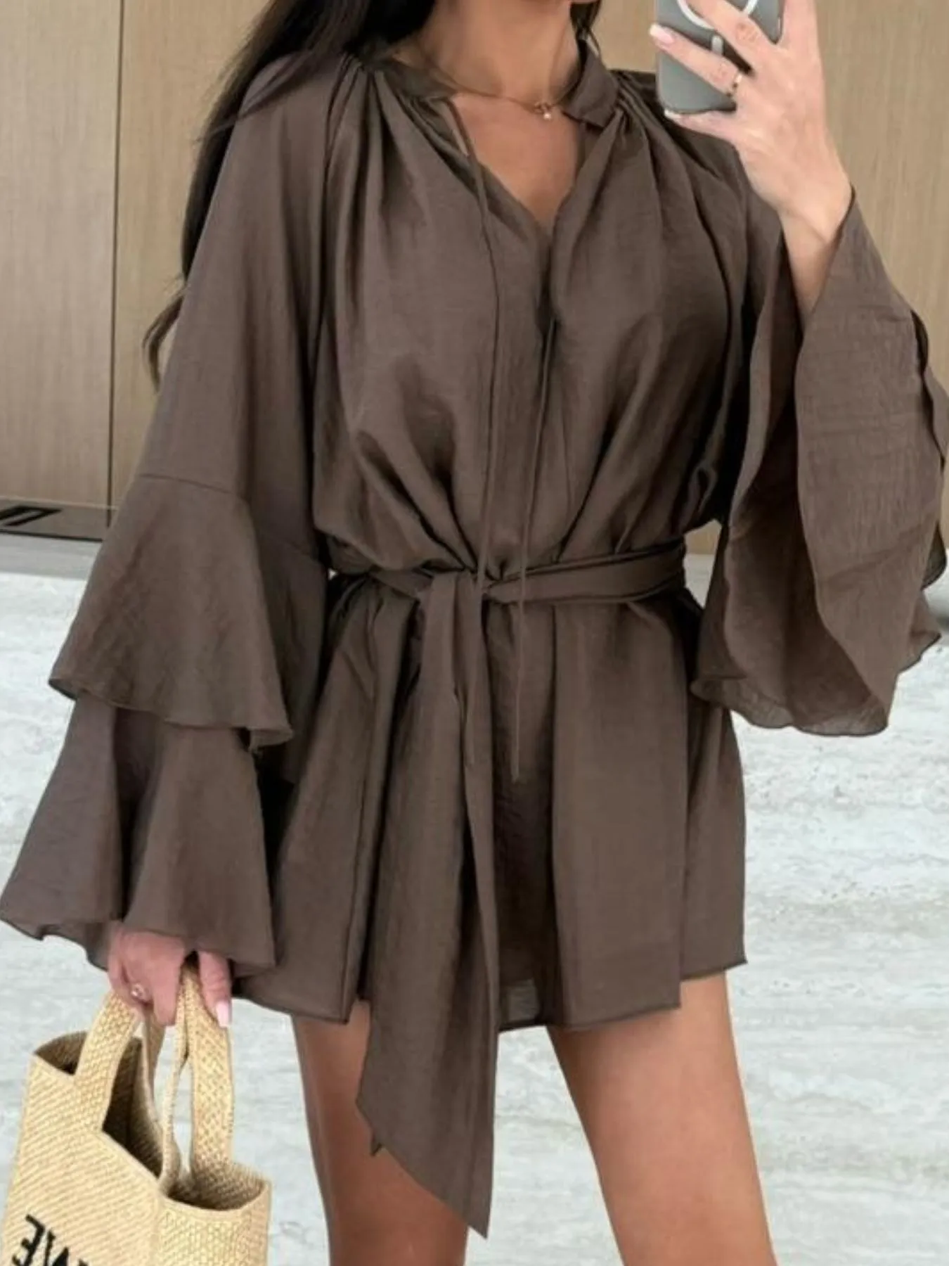 Bell Sleeve Tie Waist Mini Shirt Dress - Image 5