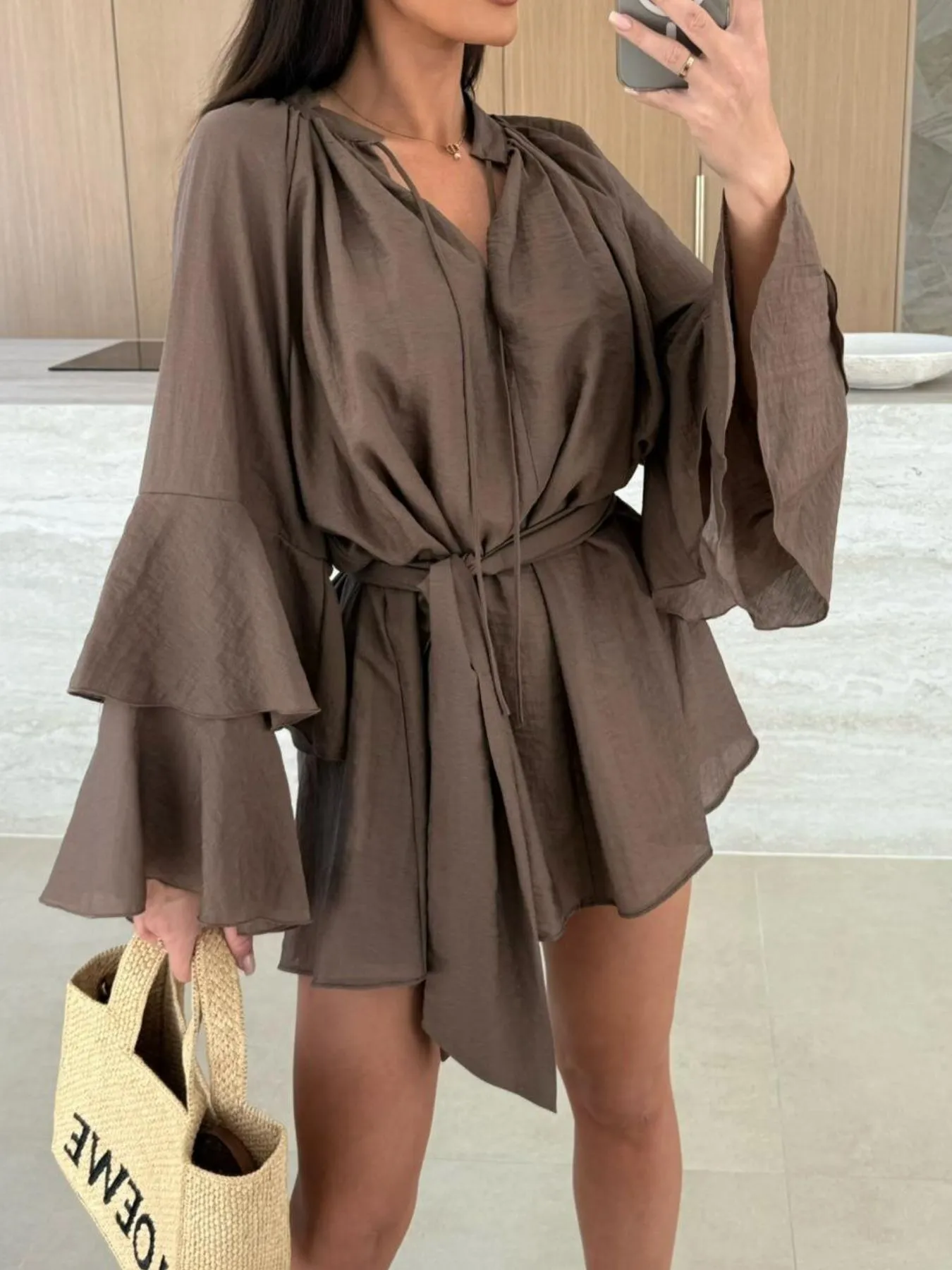 Bell Sleeve Tie Waist Mini Shirt Dress - Image 6
