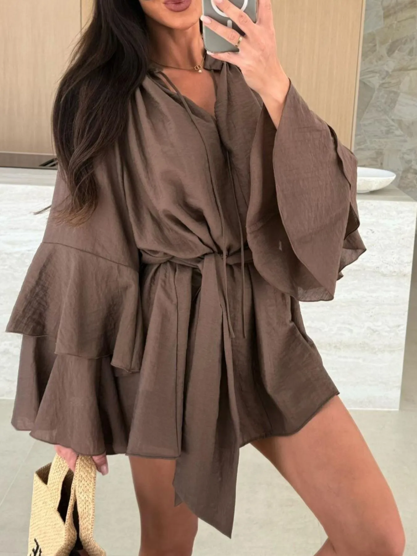 Bell Sleeve Tie Waist Mini Shirt Dress - Image 7