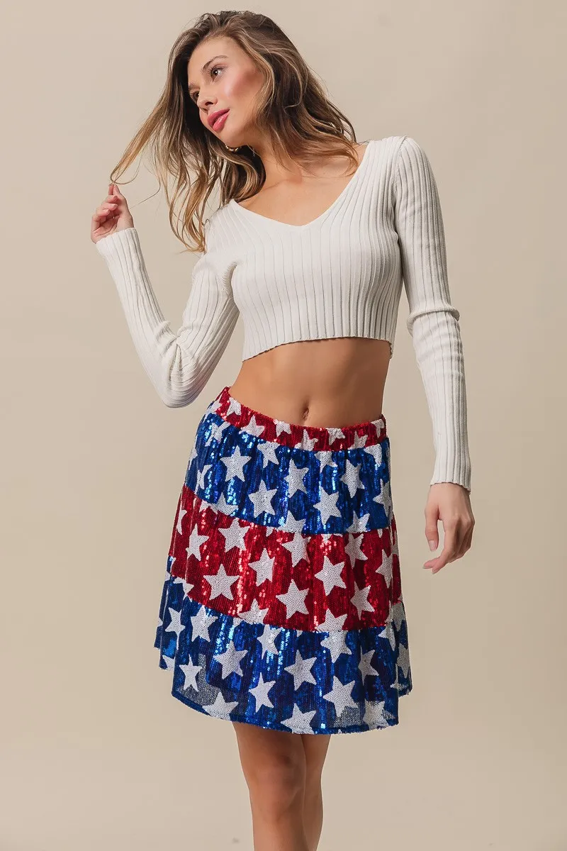 BiBi American Flag Theme Star Sequin Tiered Skirt - Image 17