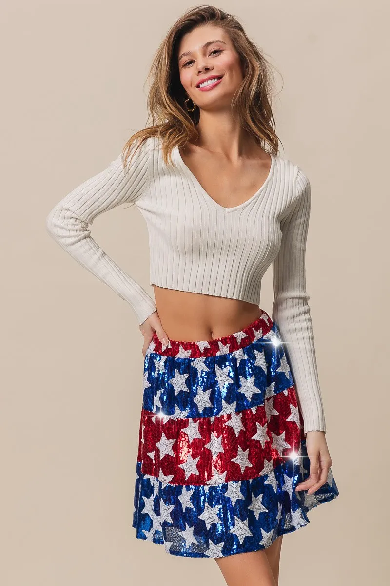 BiBi American Flag Theme Star Sequin Tiered Skirt - Image 19