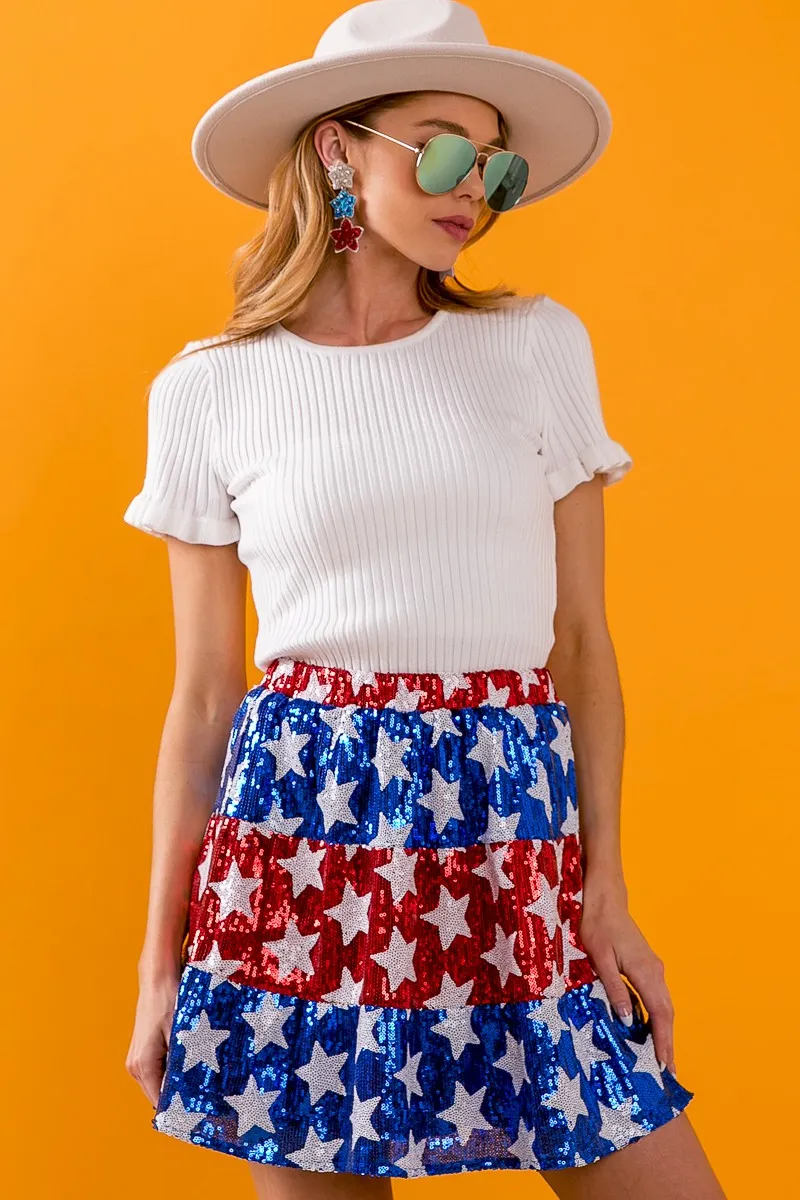 BiBi American Flag Theme Star Sequin Tiered Skirt - Image 6