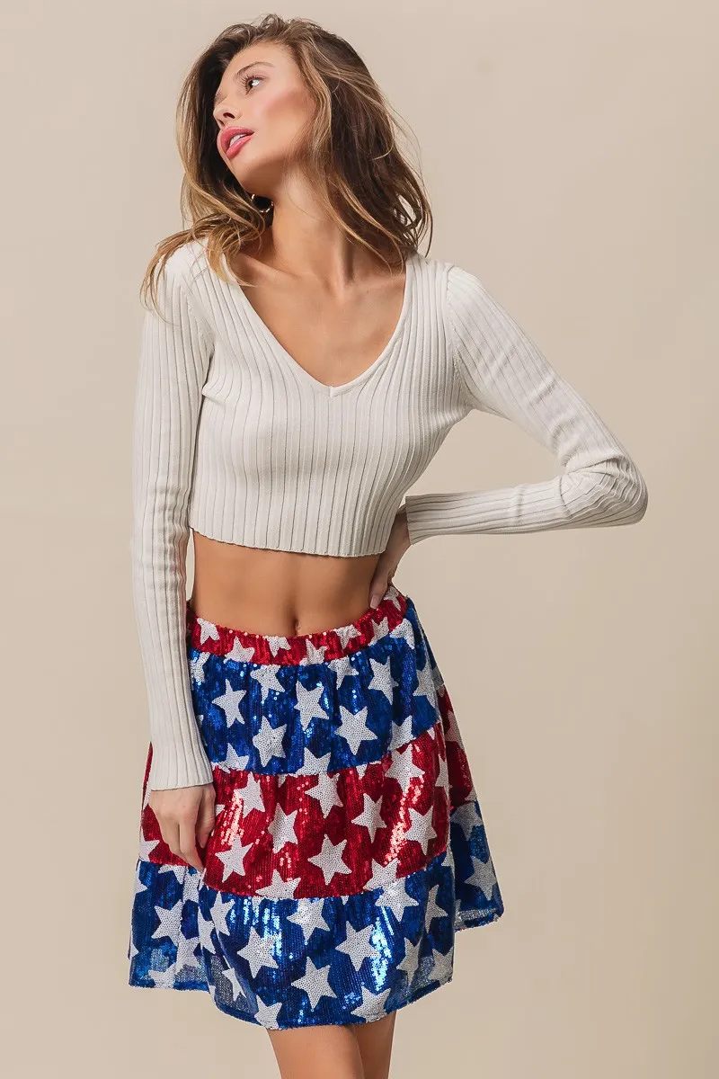 BiBi American Flag Theme Star Sequin Tiered Skirt - Image 7