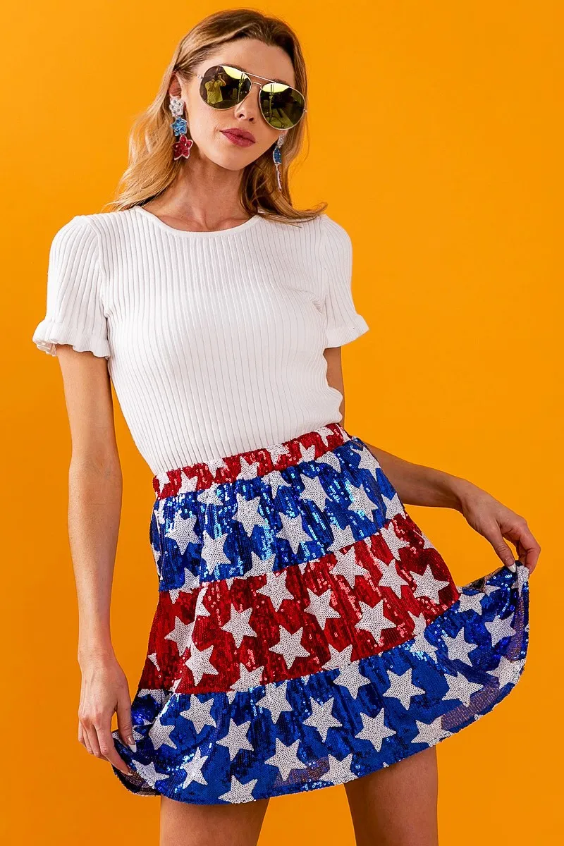 BiBi American Flag Theme Star Sequin Tiered Skirt - Image 9