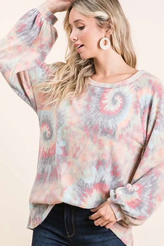 BiBi Brushed Tie Dye Print Top with Puff Sleeves - Image 6