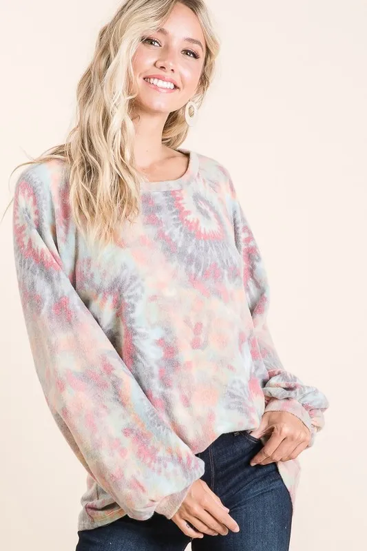 BiBi Brushed Tie Dye Print Top with Puff Sleeves - Image 7