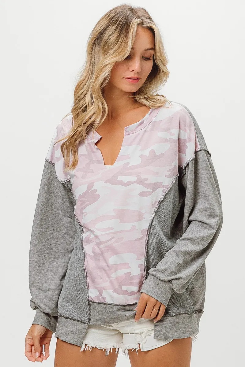 BiBi Camo Printed French Terry Knit Color Block Top - Image 2