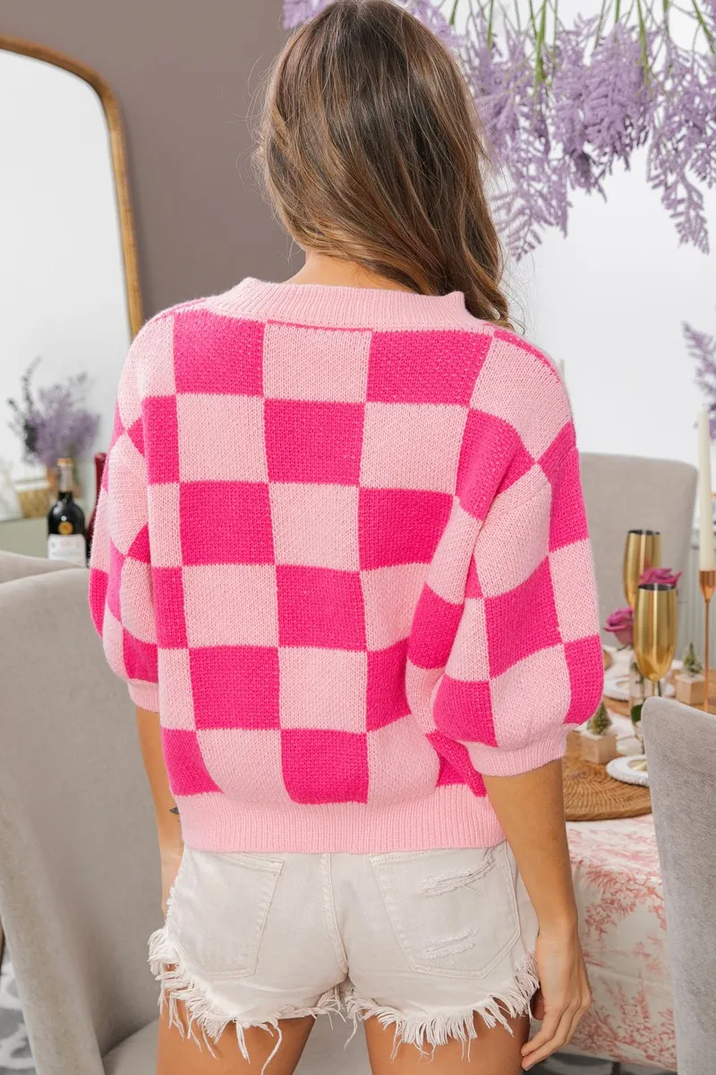 BiBi Check Pattern Short Puff Sleeve Sweater Top - Image 5