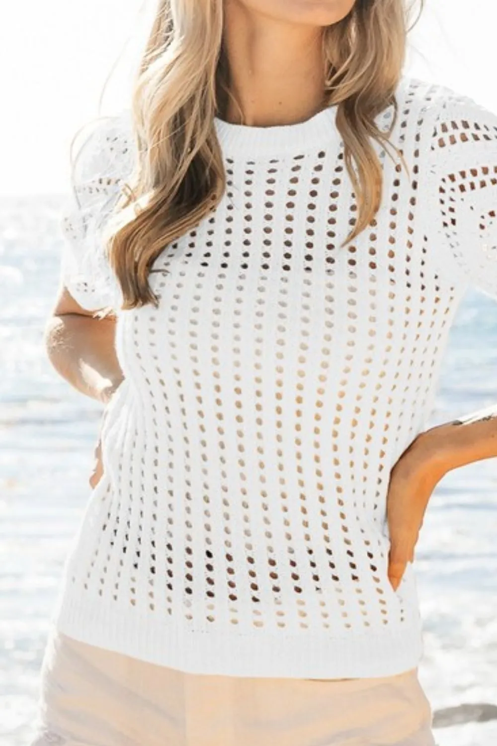 BiBi Crochet Knit Cover Up With Puff Sleeves - Image 3