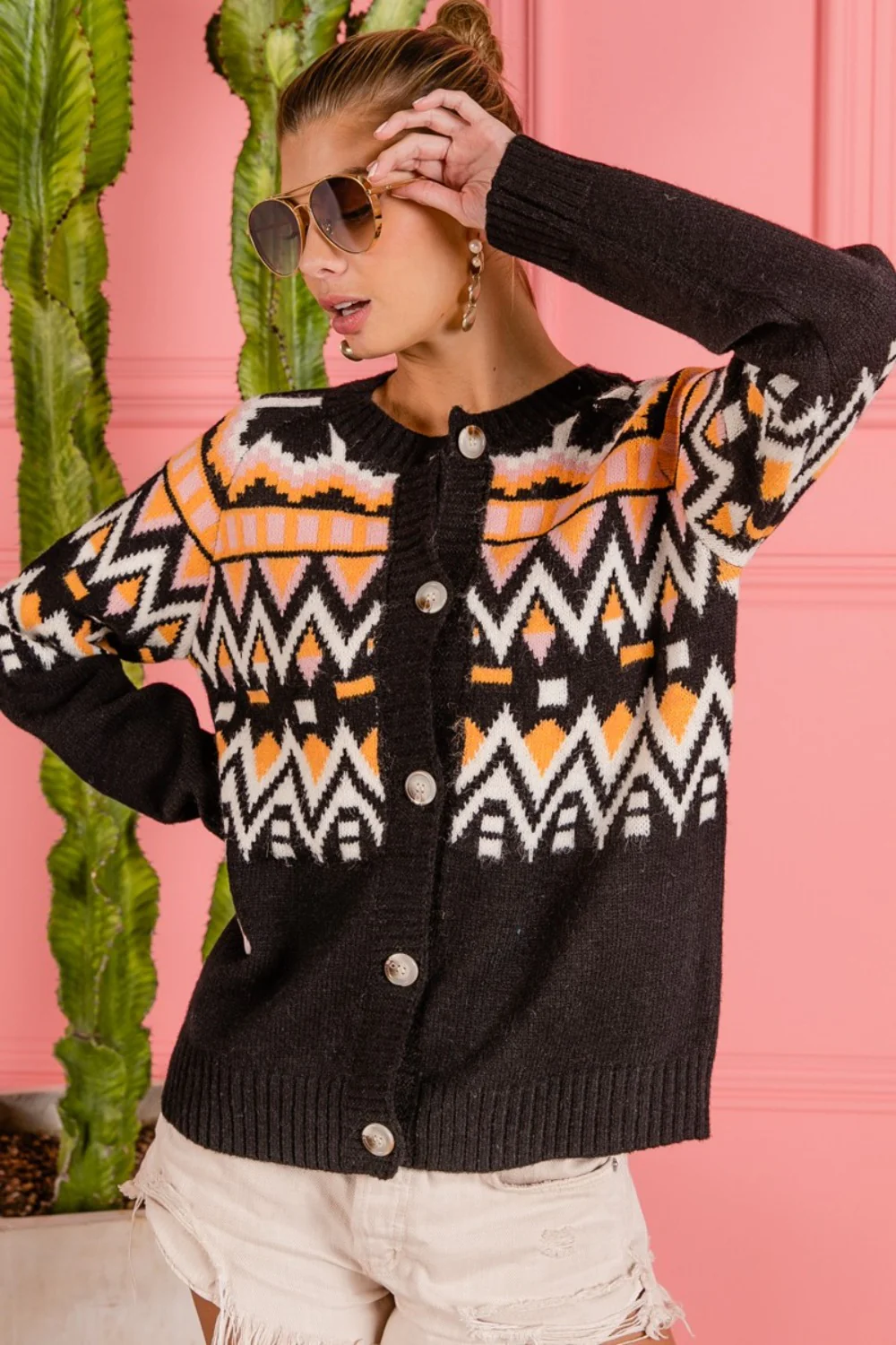 BiBi Ethnic Pattern Button Up Knit Cardigan - Image 2