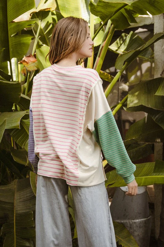 BiBi Exposed Seam Slit Striped Round Neck T-Shirt - Image 2