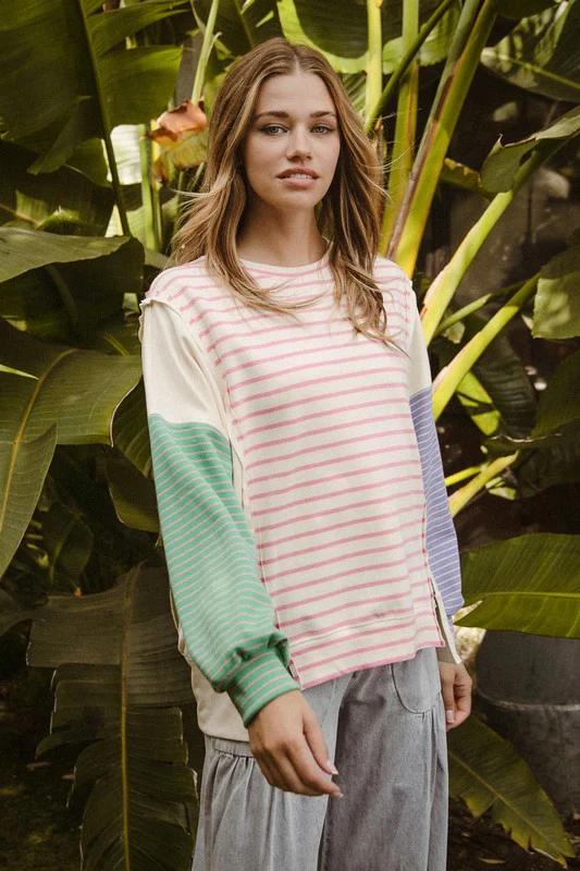 BiBi Exposed Seam Slit Striped Round Neck T-Shirt - Image 3