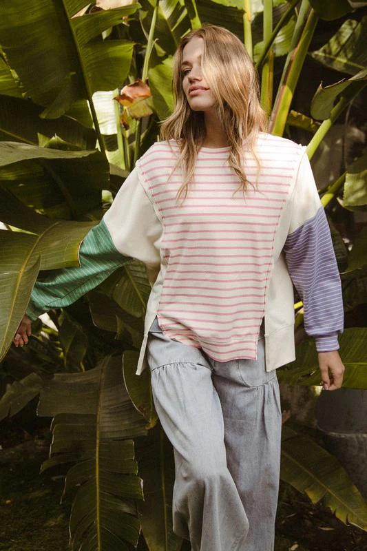 BiBi Exposed Seam Slit Striped Round Neck T-Shirt - Image 4
