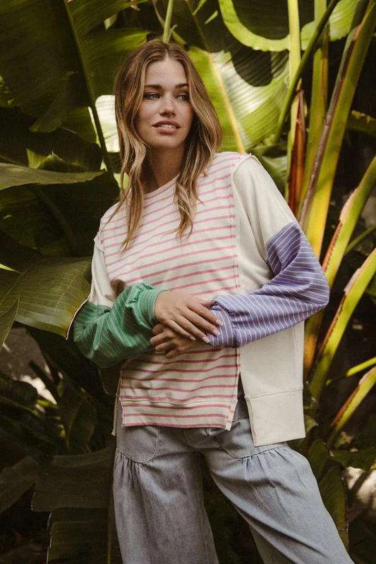 BiBi Exposed Seam Slit Striped Round Neck T-Shirt - Image 5