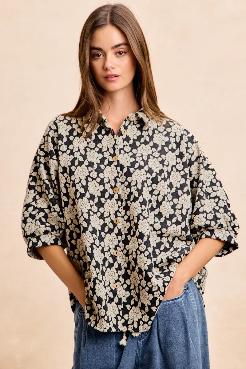 BiBi Floral Jacquard Short Dolman Sleeves Shirt