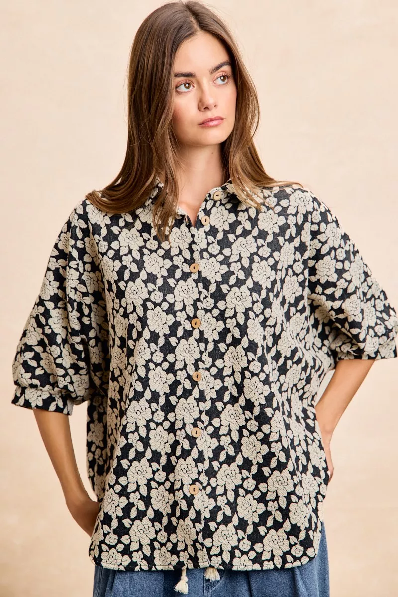 BiBi Floral Jacquard Short Dolman Sleeves Shirt - Image 10