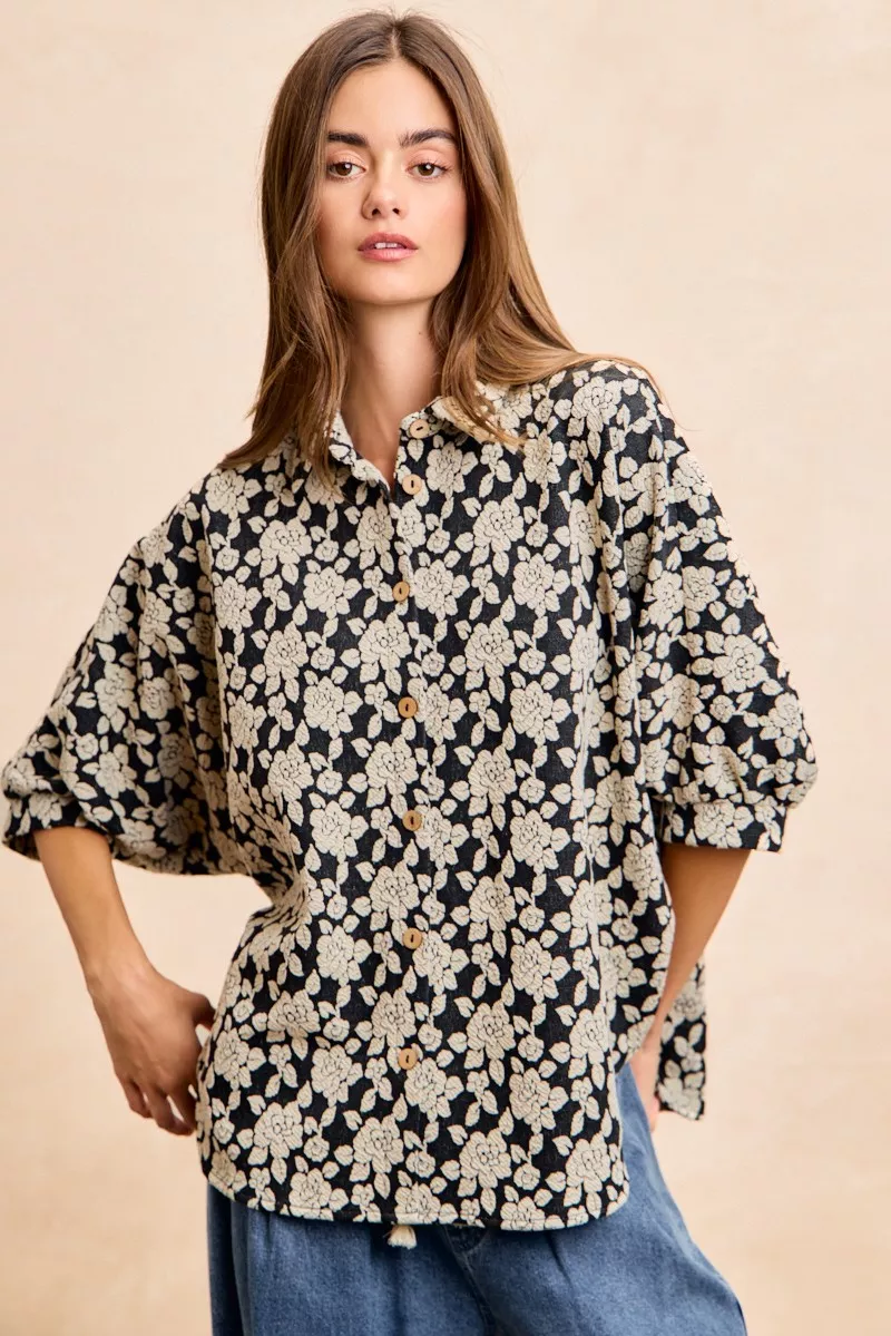 BiBi Floral Jacquard Short Dolman Sleeves Shirt - Image 11