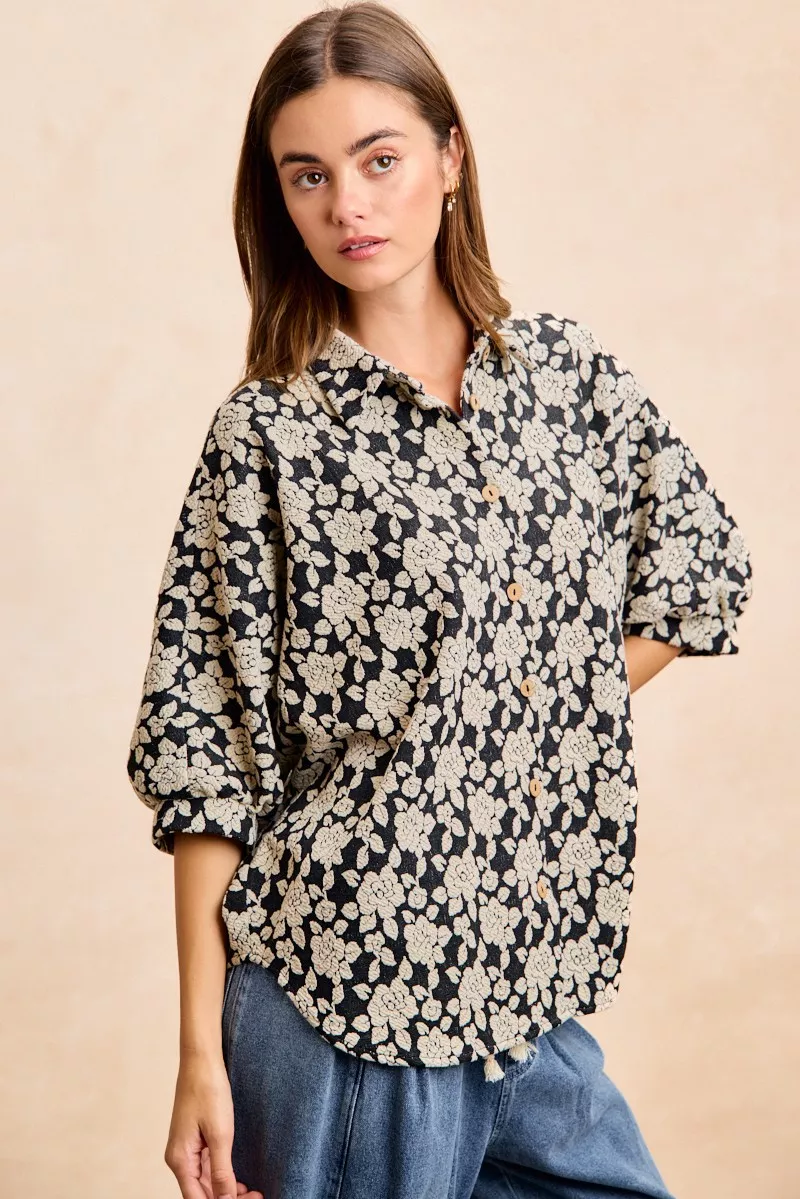 BiBi Floral Jacquard Short Dolman Sleeves Shirt - Image 13