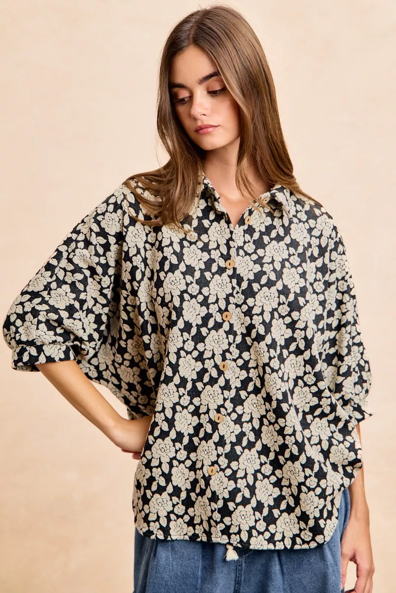 BiBi Floral Jacquard Short Dolman Sleeves Shirt - Image 14
