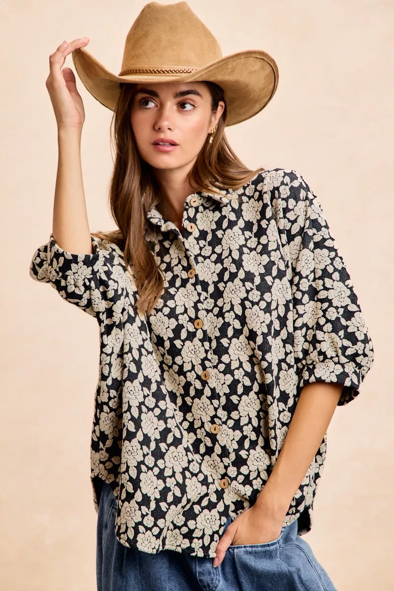 BiBi Floral Jacquard Short Dolman Sleeves Shirt - Image 2