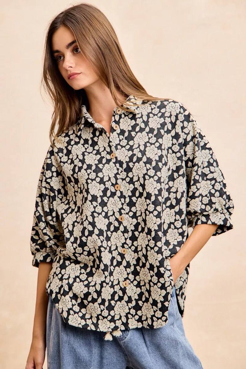 BiBi Floral Jacquard Short Dolman Sleeves Shirt - Image 3