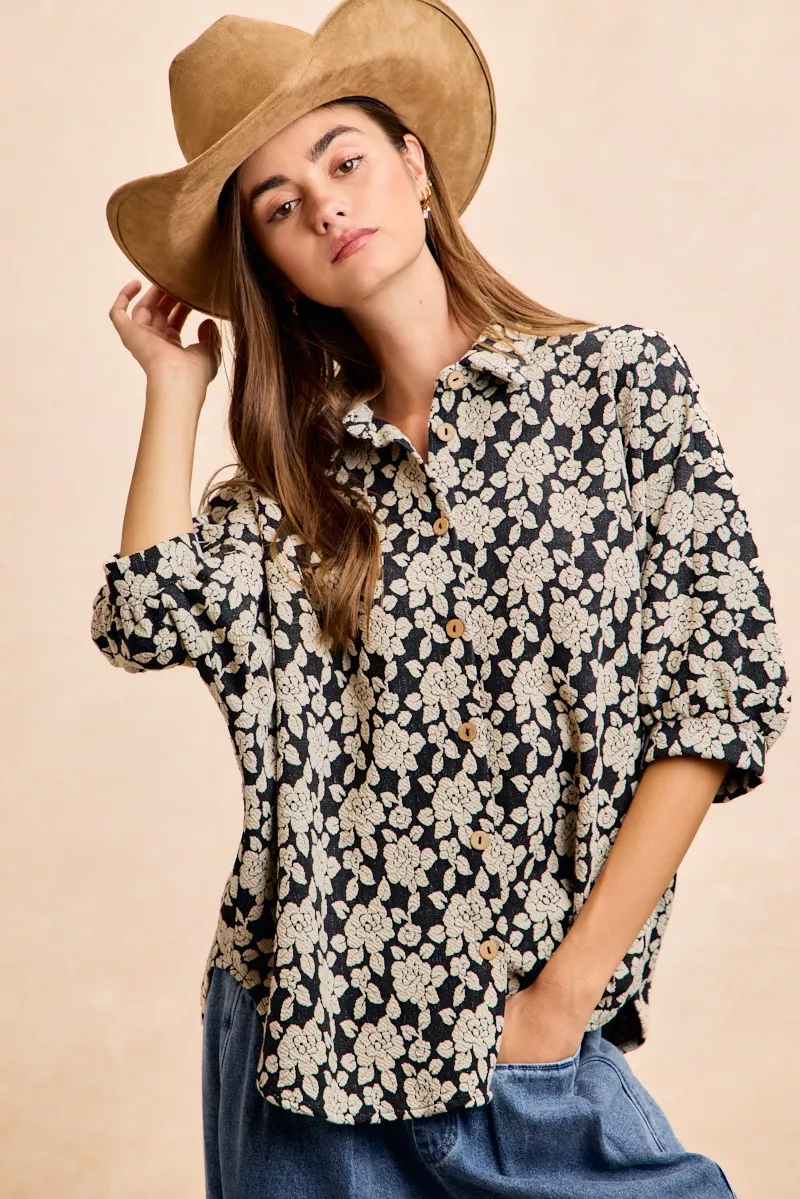 BiBi Floral Jacquard Short Dolman Sleeves Shirt - Image 4