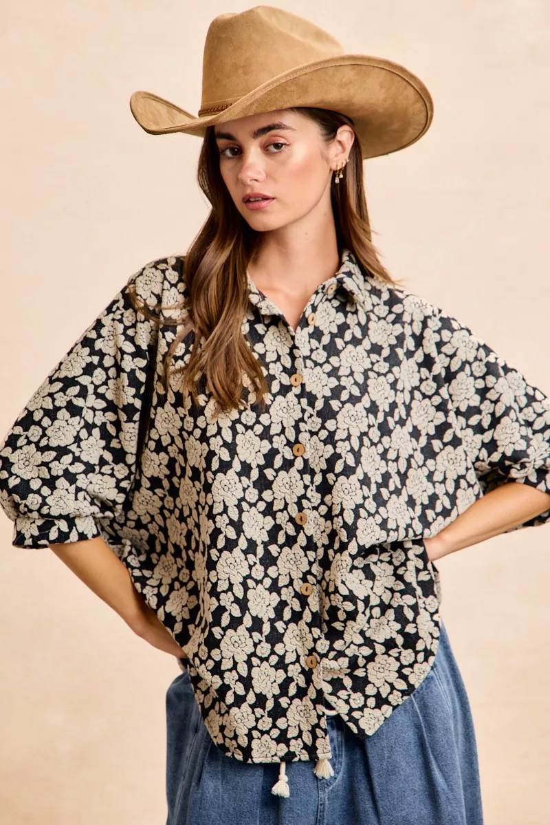 BiBi Floral Jacquard Short Dolman Sleeves Shirt - Image 5