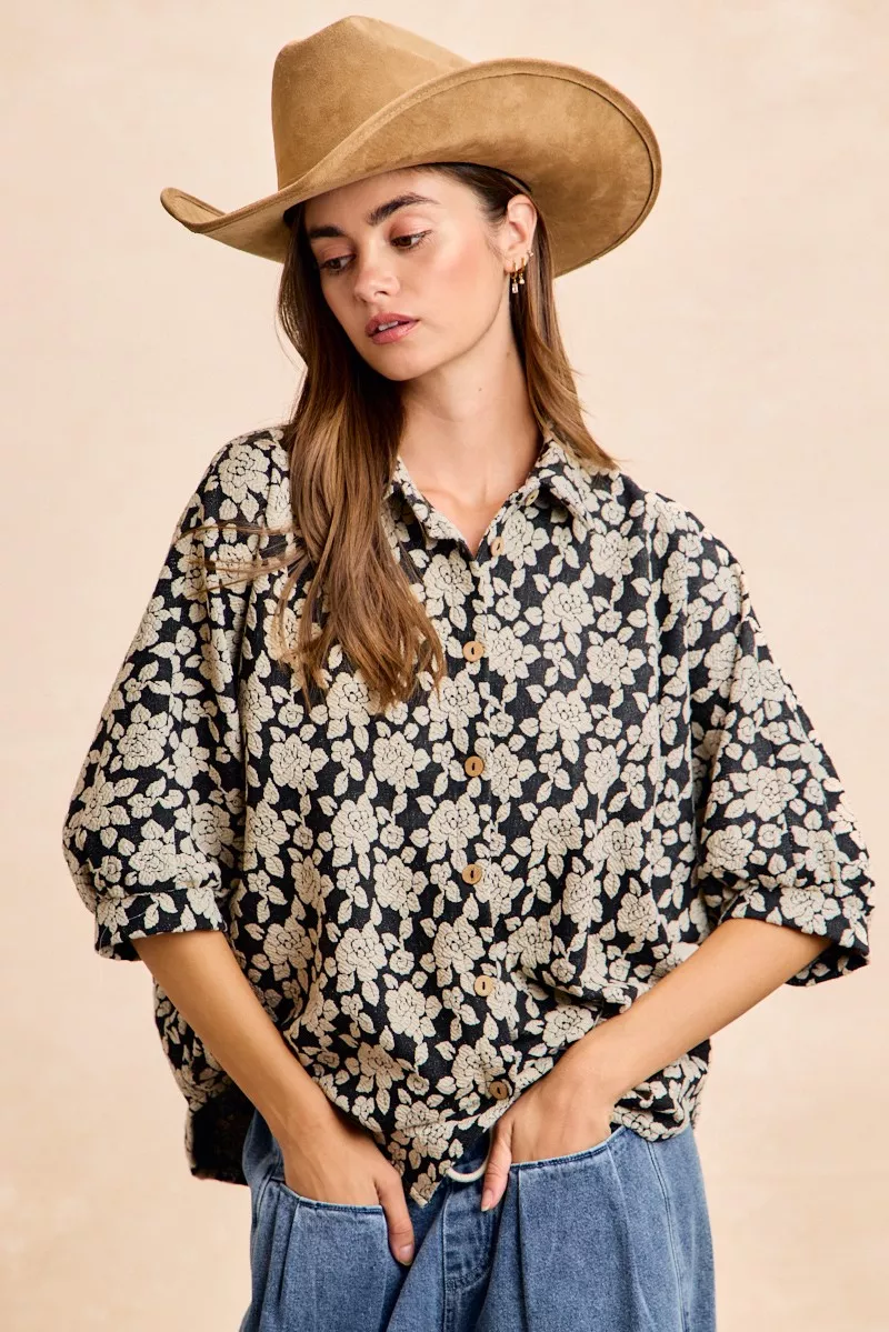 BiBi Floral Jacquard Short Dolman Sleeves Shirt - Image 6
