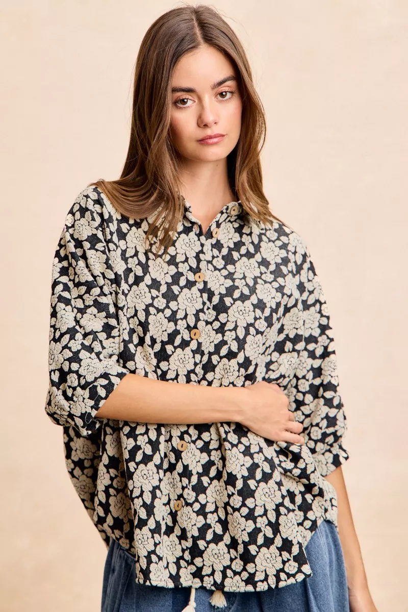 BiBi Floral Jacquard Short Dolman Sleeves Shirt - Image 7