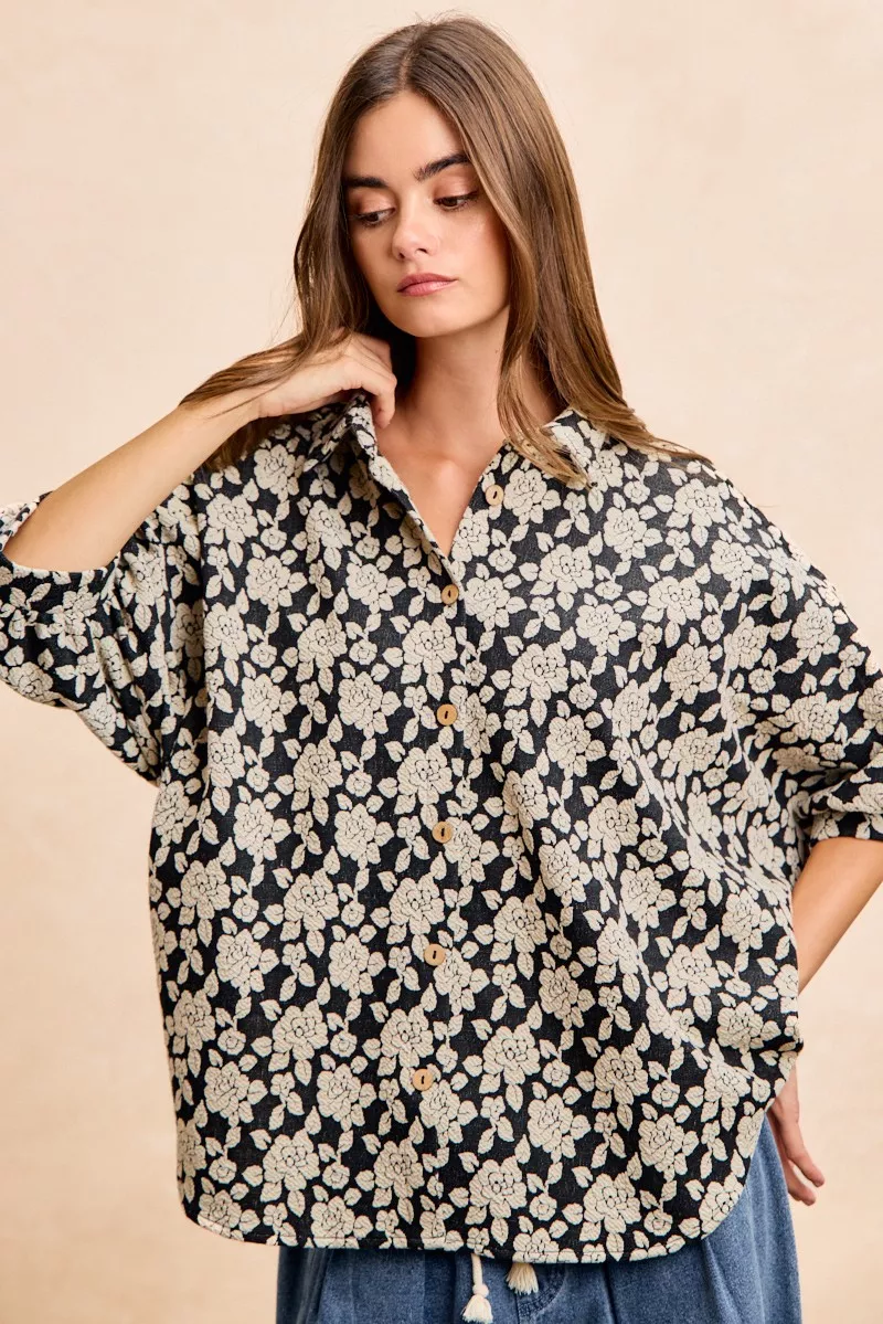 BiBi Floral Jacquard Short Dolman Sleeves Shirt - Image 8