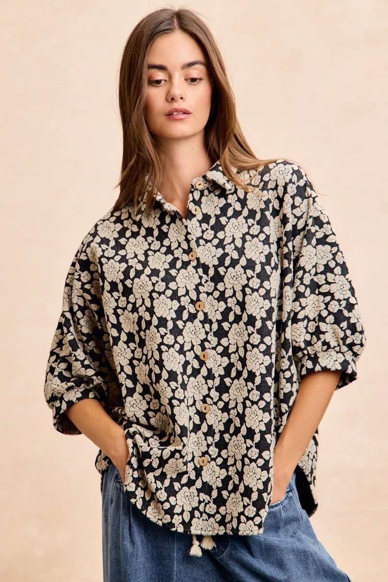 BiBi Floral Jacquard Short Dolman Sleeves Shirt - Image 9