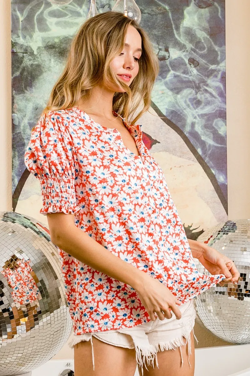 BiBi Floral Jqd Smoked Puff Sleeves V Neck Top - Image 14