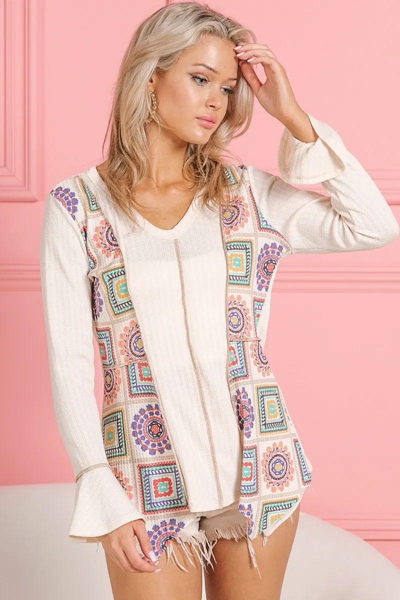 BiBi Granny Square Print Contrast Annie Rib V Neck Top - Image 9