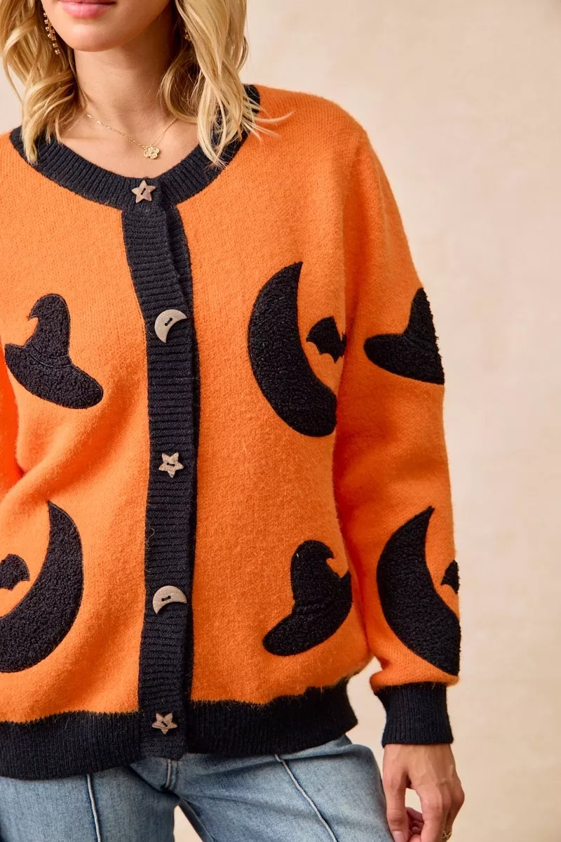 BiBi Halloween Witch Hat Moon Bat Artwork Cardigan - Image 10