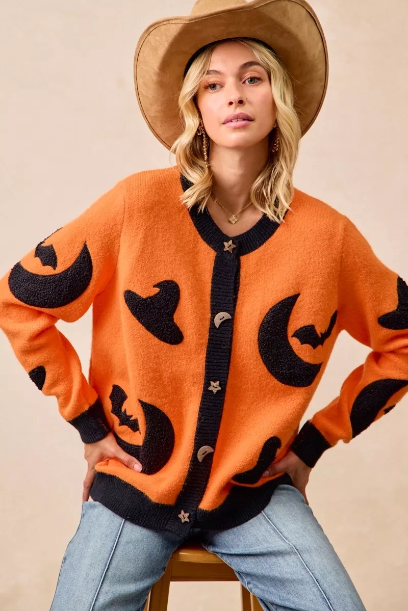 BiBi Halloween Witch Hat Moon Bat Artwork Cardigan - Image 11
