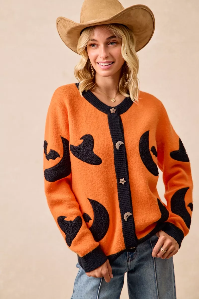 BiBi Halloween Witch Hat Moon Bat Artwork Cardigan - Image 12