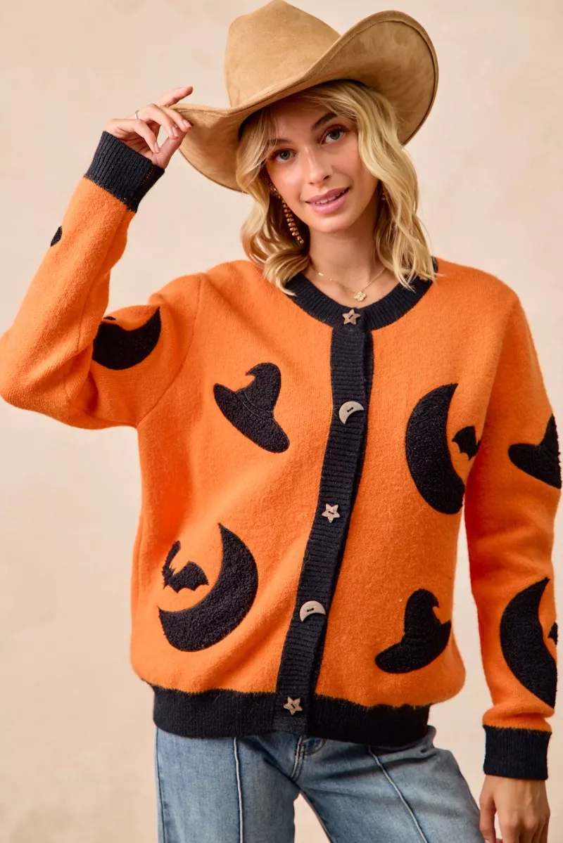BiBi Halloween Witch Hat Moon Bat Artwork Cardigan - Image 13