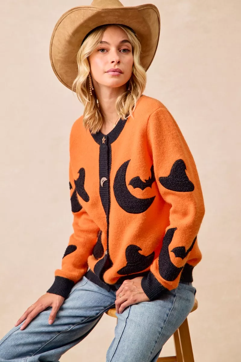 BiBi Halloween Witch Hat Moon Bat Artwork Cardigan - Image 14